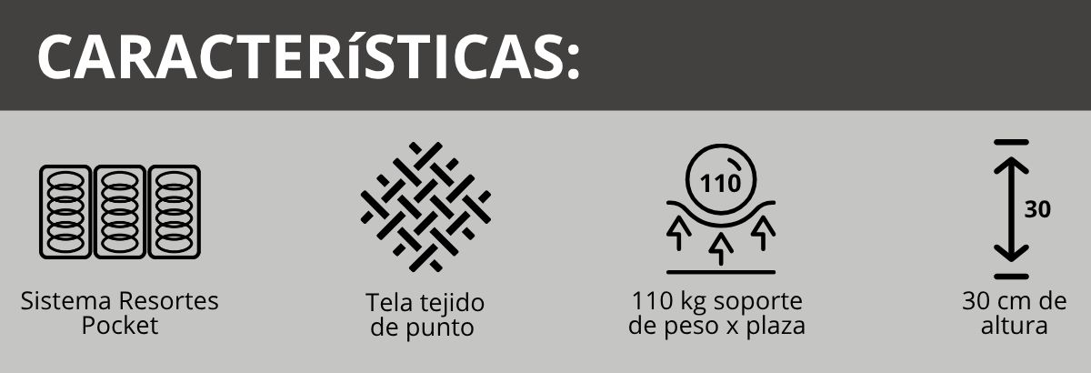 &Iacute;conos de caracter&iacute;sticas del Colch&oacute;n Piero Max Tech Resortes. Resortes Pocket soporte 110 kg por persona, altura 30 cm, tela Tejido de Punto.