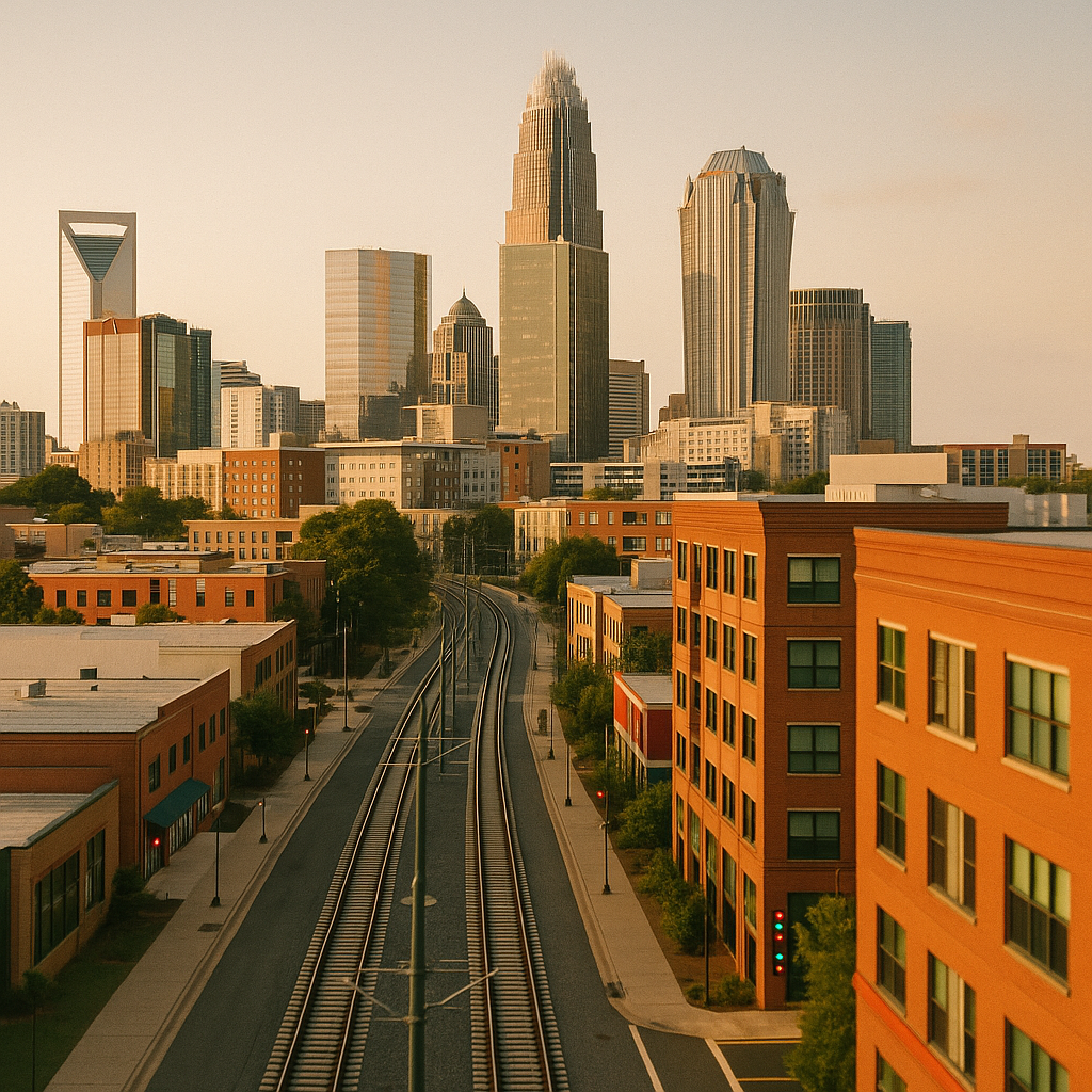 The Charlotte skyline at golden hour, seen from the rail line