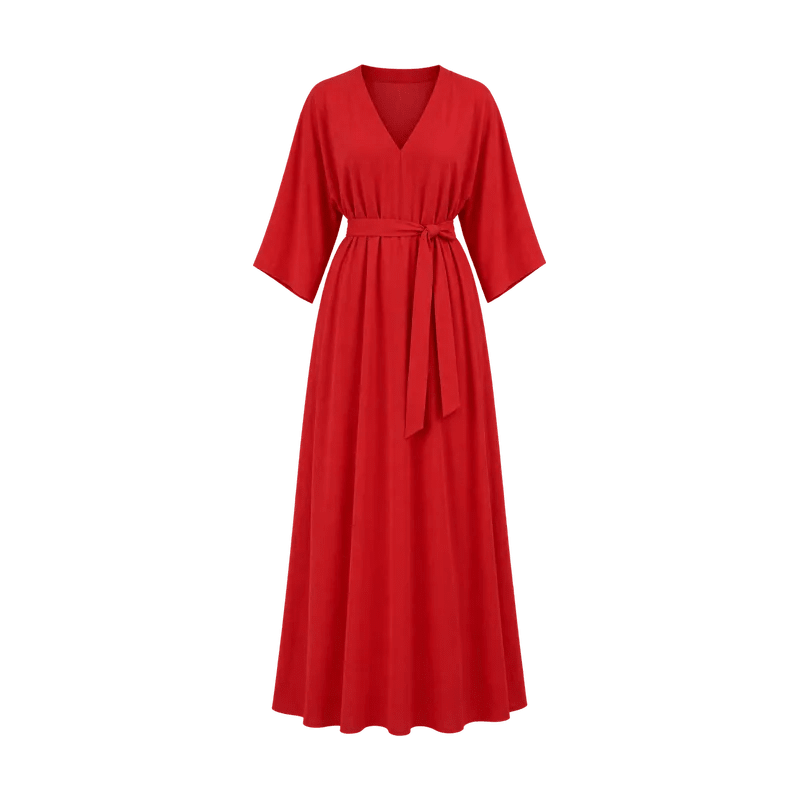 Kırmızı kuşaklı kaftan elbise