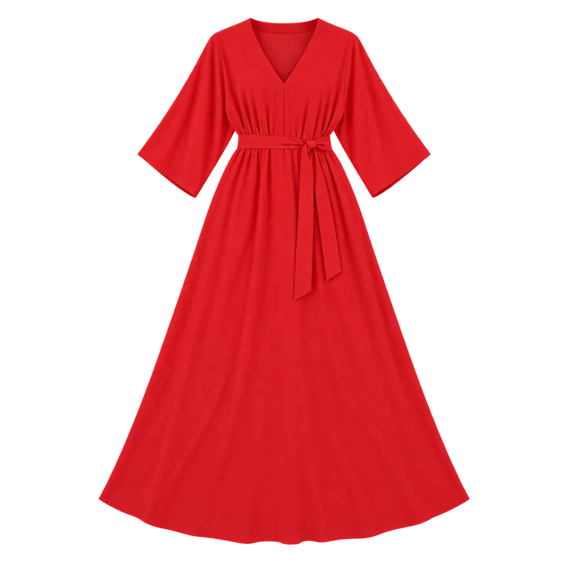Kırmızı kuşaklı kaftan elbise