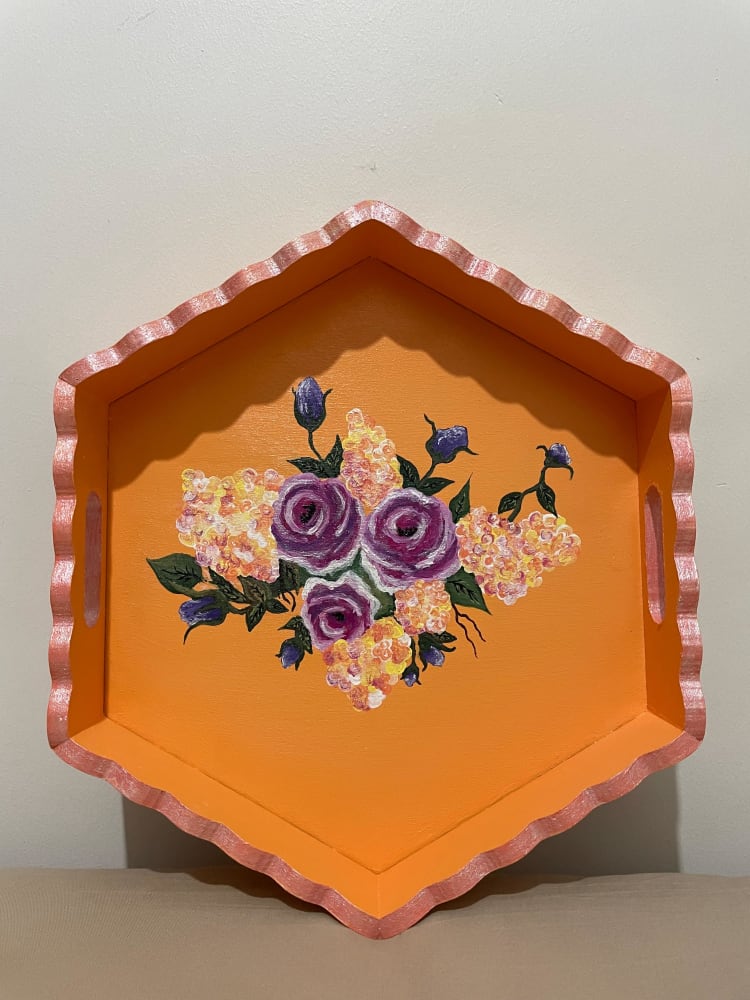 ÇİÇEK DESENLİ AHŞAP TEPSİ