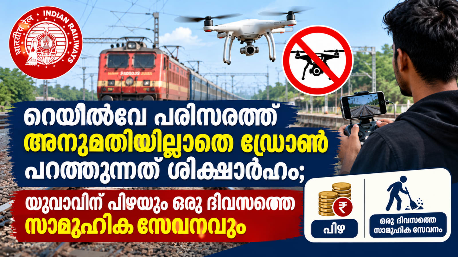 റെയിൽവേ പരിസരത്ത് അനുമതിയില്ലാതെ ഡ്രോൺ പറത്തുന്നത് ശിക്ഷാർഹം; യുവാവിന് പിഴയും ഒരു ദിവസത്തെ സാമൂഹിക സേവനവും
