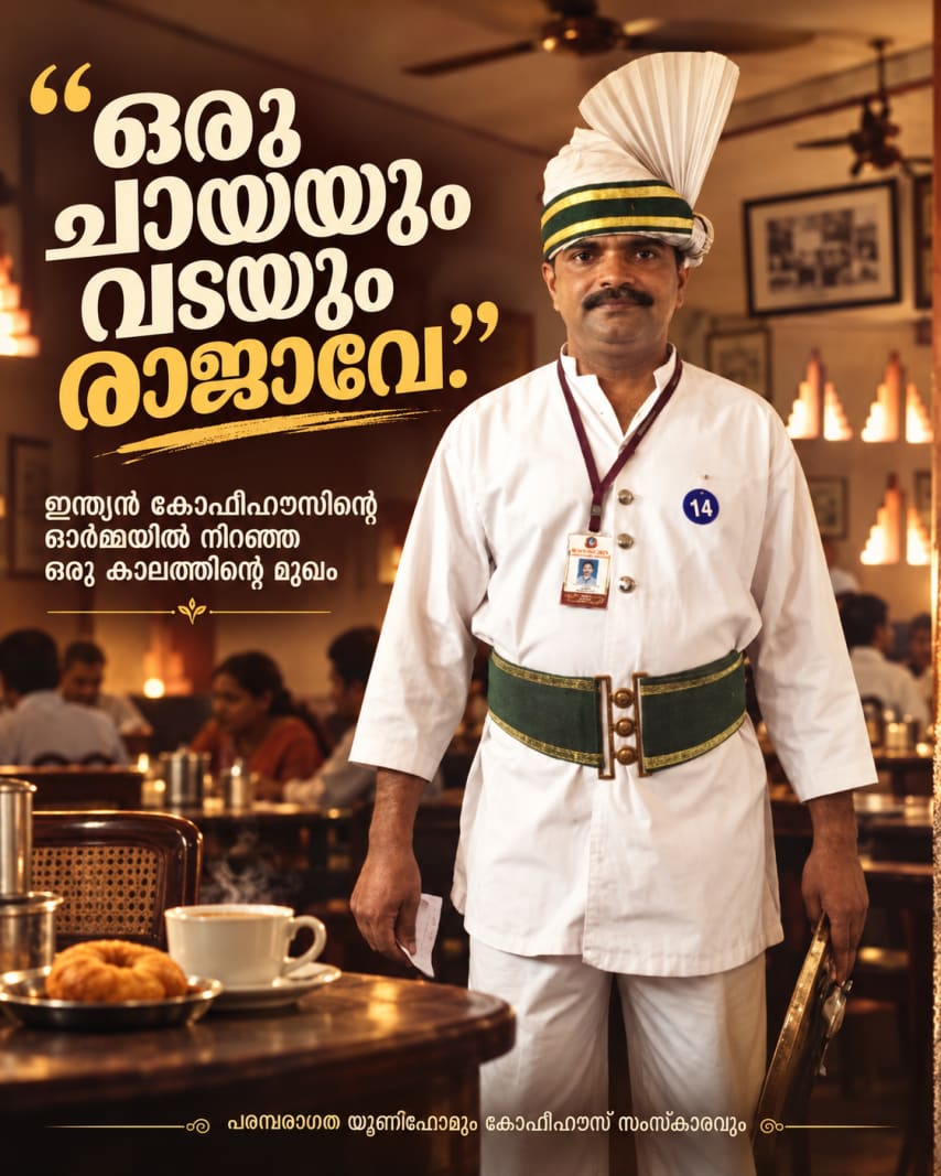 "ഒരു ചായയും വടയും രാജാവേ.". കൊളോണിയൽ കാലത്തെ യൂണിഫോമിന്റെ പേരിൽ പലപ്പോഴും പരിഹാസകഥാപാത്രങ്ങൾ ആകേണ്ടിവരുന്ന ഇന്ത്യൻ കോഫീഹൗസ് ജീവനക്കാരുടെ യൂണിഫോം കാലാനുസൃതമായി പരിഷ്കരിക്കേണ്ടതിനെക്കുറിച്ച് സി ആർ മഹേഷ്‌ എം എൽ എ എഴുതുന്നു