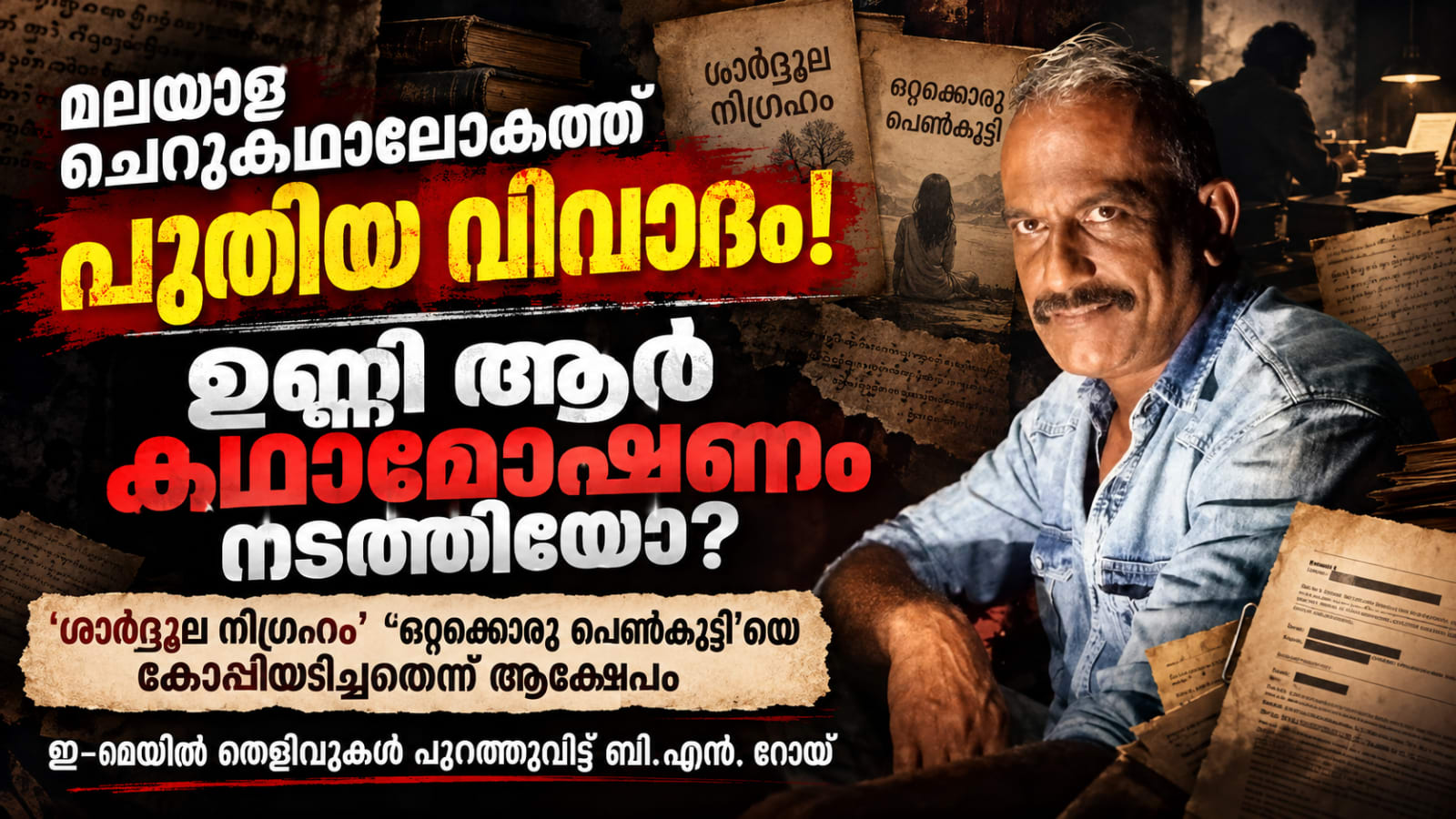 മലയാള ചെറുകഥാലോകത്ത് പുതിയ വിവാദം! ഉണ്ണി ആർ കഥാമോഷണം നടത്തിയോ? 'ശാർദ്ദൂല നിഗ്രഹം' 'ഒറ്റക്കൊരു പെൺകുട്ടി'യെ കോപ്പിയടിച്ചതെന്ന് ആക്ഷേപം; ഇ-മെയിൽ തെളിവുകൾ പുറത്തുവിട്ട് ബി.എൻ. റോയ്