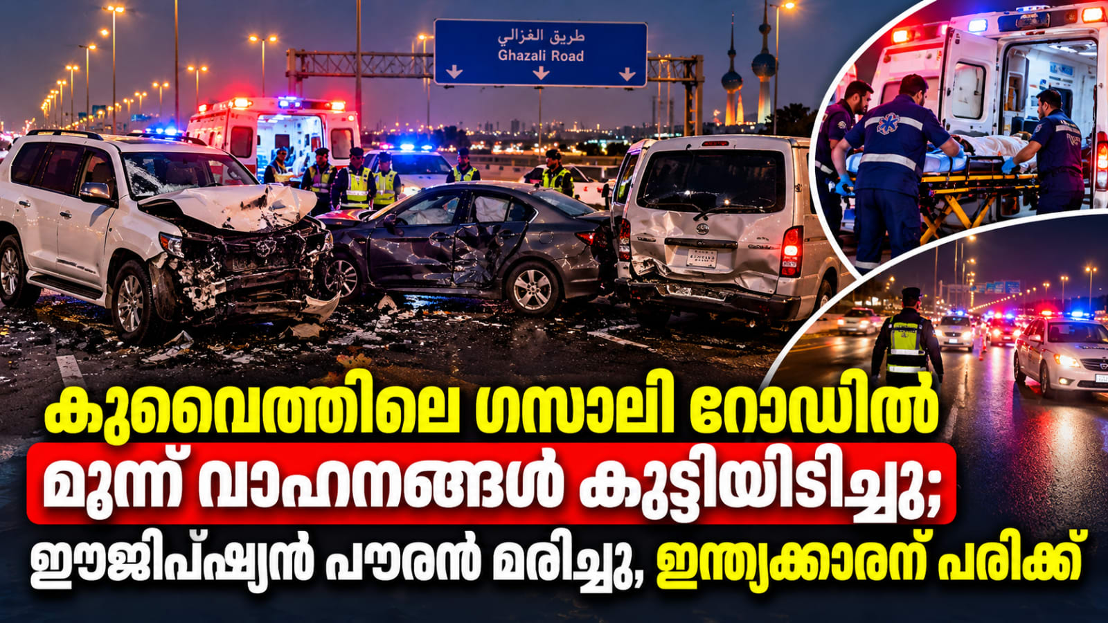 കുവൈത്തിലെ ഗസാലി റോഡിൽ മൂന്ന് വാഹനങ്ങൾ കൂട്ടിയിടിച്ചു; ഈജിപ്ഷ്യൻ പൗരൻ മരിച്ചു, ഇന്ത്യക്കാരന് പരിക്ക്