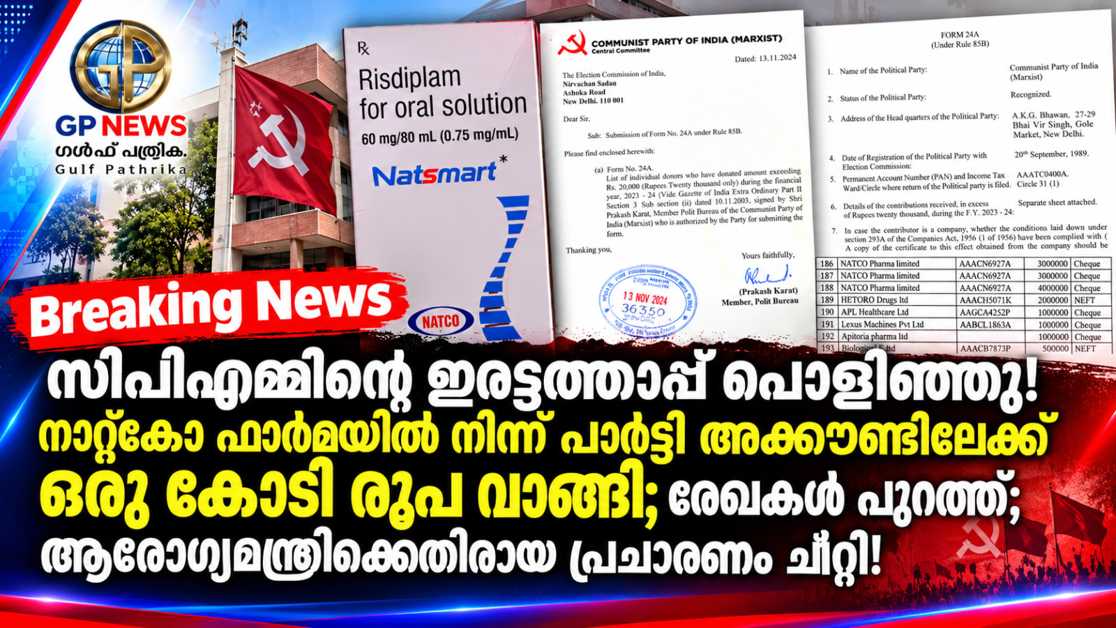സിപിഎമ്മിന്റെ ഇരട്ടത്താപ്പ് പൊളിഞ്ഞു! നാറ്റ്കോ ഫാർമയിൽ നിന്ന് പാർട്ടി അക്കൗണ്ടിലേക്ക് വാങ്ങിയത് ഒരു കോടി രൂപ; രേഖകൾ പുറത്ത്; ആരോഗ്യമന്ത്രിക്കെതിരായ പ്രചാരണം ചീറ്റി!