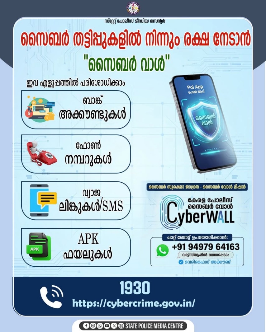 സൈബർ തട്ടിപ്പുകളിൽ നിന്ന് രക്ഷപെടാൻ കേരള പോലീസിന്റെ സൈബർ വാൾ