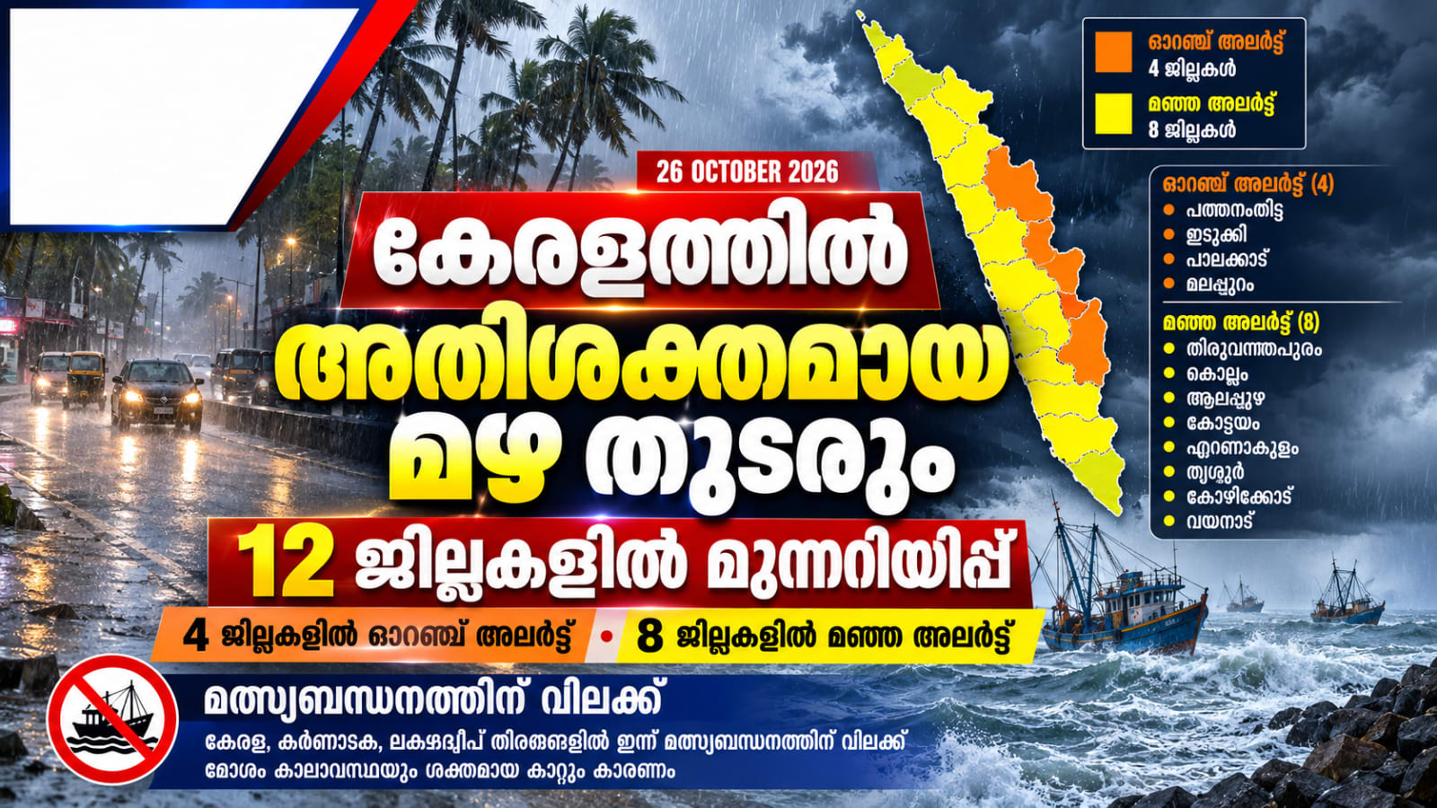 കേരളത്തിൽ അതിശക്തമായ മഴ തുടരും; 12 ജില്ലകളിൽ മുന്നറിയിപ്പ്, മത്സ്യബന്ധനത്തിന് വിലക്ക്