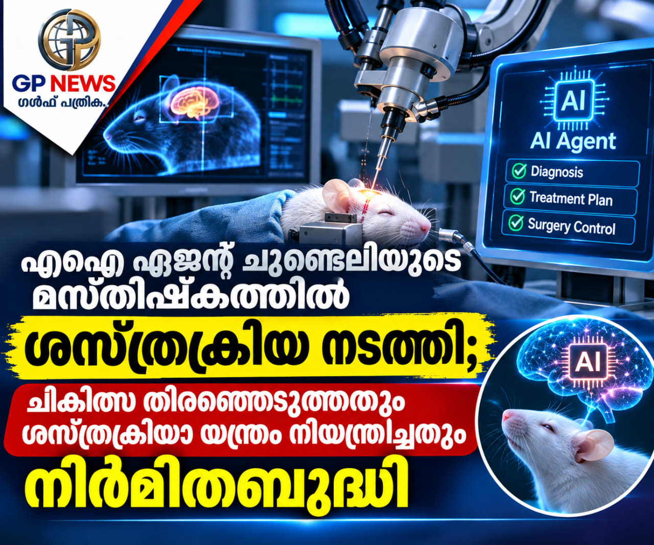 എഐ ഏജന്റ് ചുണ്ടെലിയുടെ മസ്തിഷ്കത്തിൽ ശസ്ത്രക്രിയ നടത്തി; ചികിത്സ തിരഞ്ഞെടുത്തതും ശസ്ത്രക്രിയാ യന്ത്രം നിയന്ത്രിച്ചതും നിർമിതബുദ്ധി,