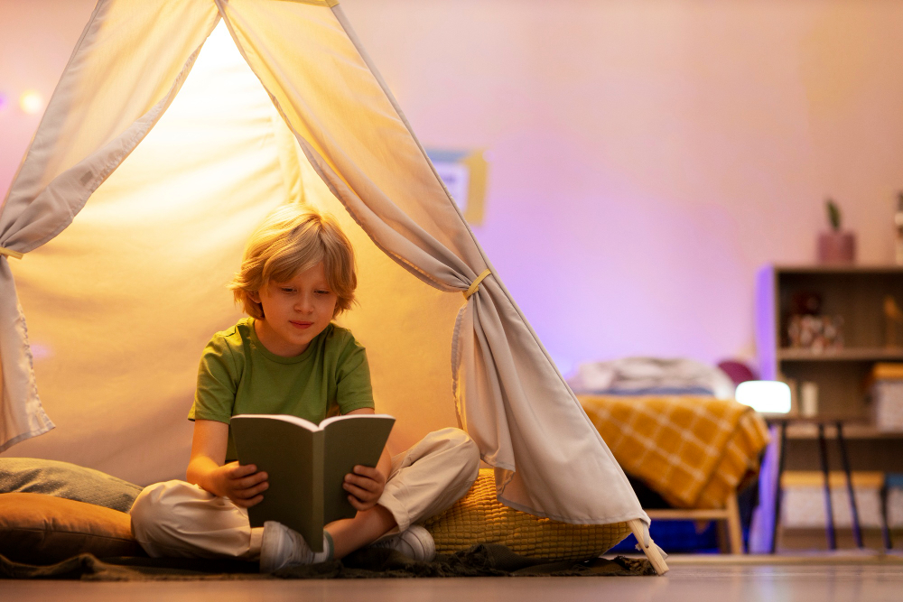 Jeune garçon qui lit un livre dans un tipi dans sa chambre