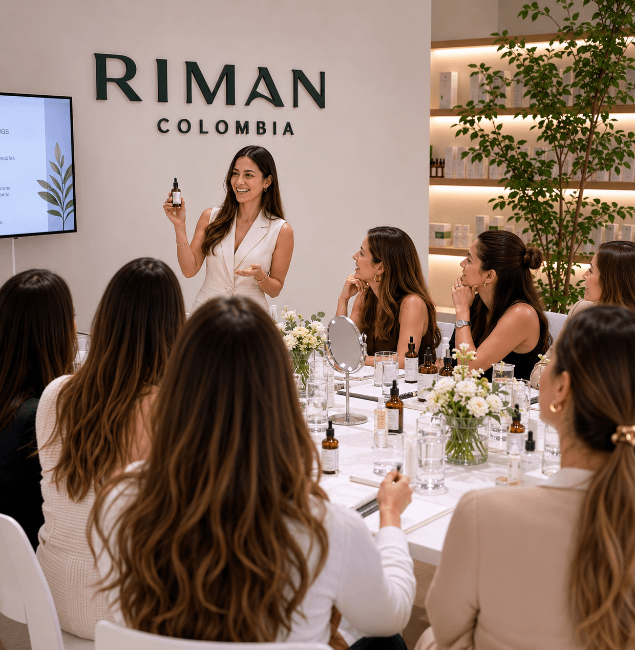 Alejandra presentando productos RIMAN en evento Colombia