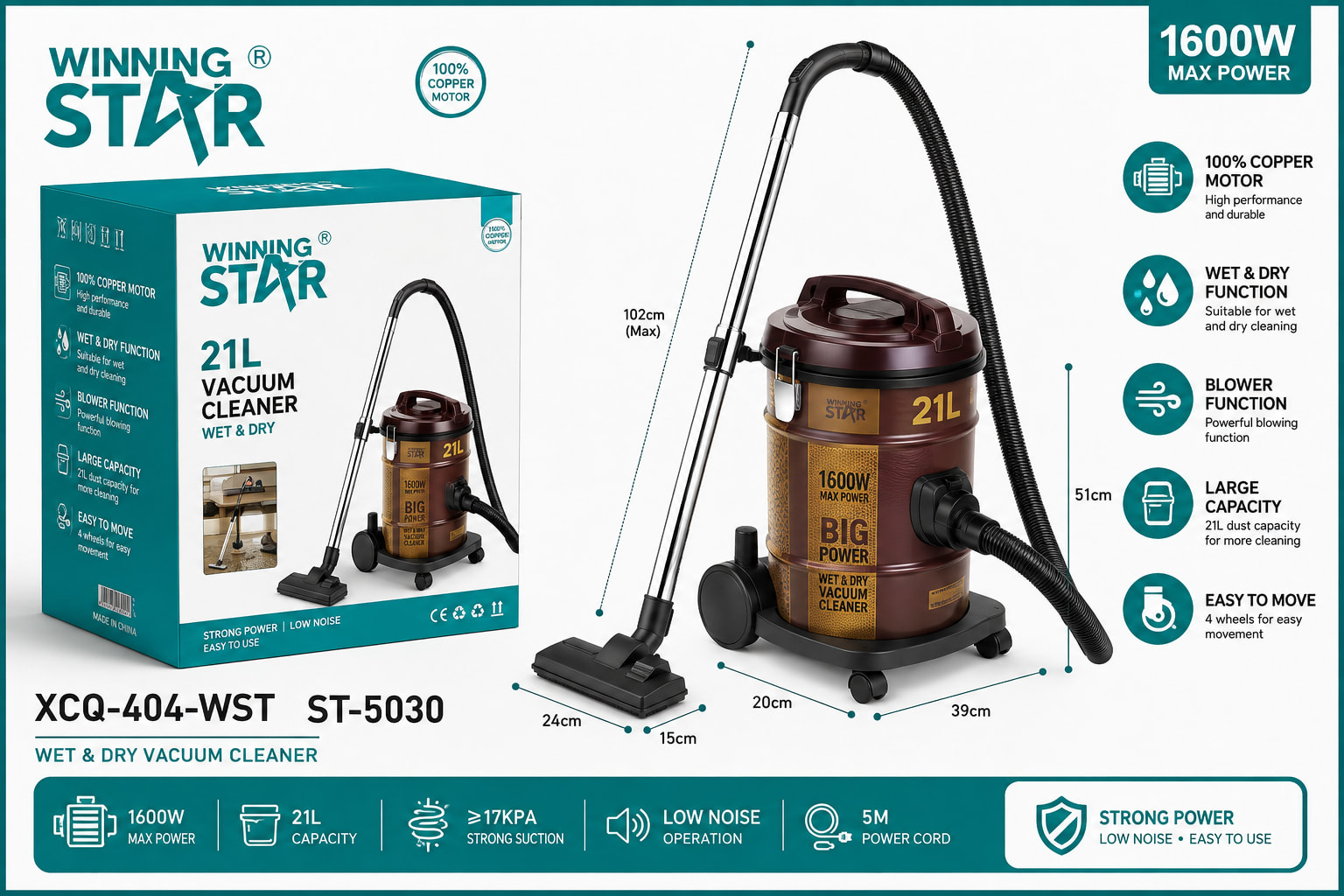 WINNING STAR ST-5030 Heavy-Duty Industrial Drum Vacuum Cleaner (21L)