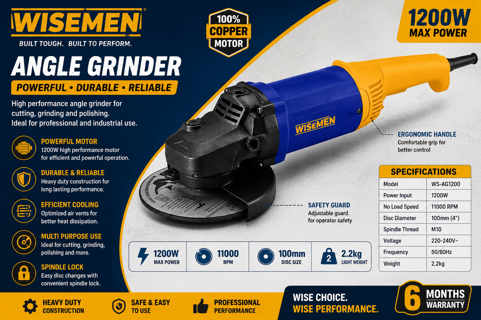 WISEMEN 850W Angle Grinder with Slide Switch (Model: 1082B-V1115)