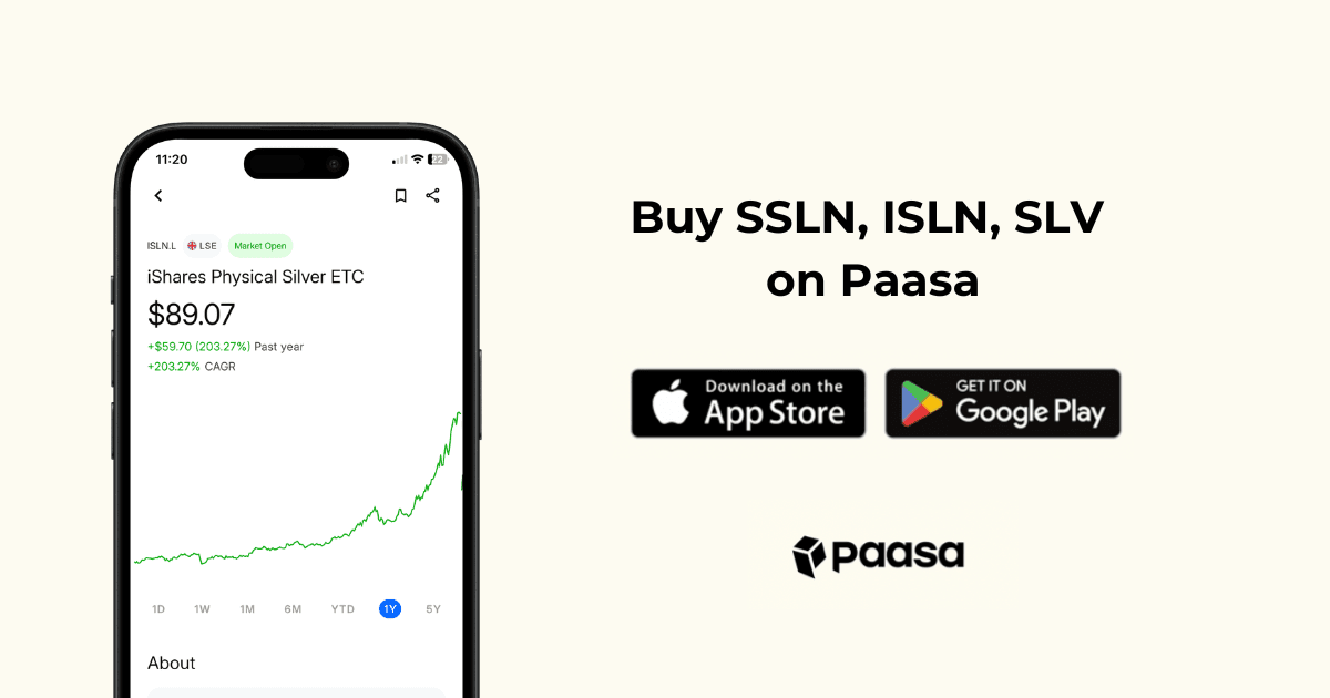 You can invest in SSLN, ISLN, SLV using Paasa