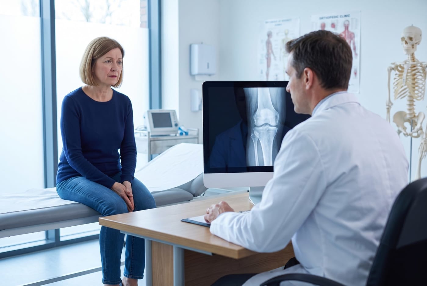 Sabine beim Orthopäden, der Arzt schaut auf das Röntgenbild