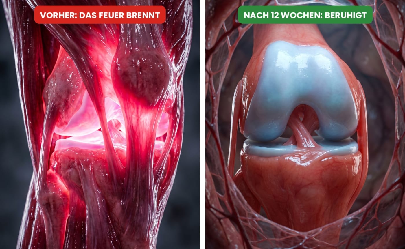 Vorher brennt das Gewebe rund um das Gelenk, nach 12 Wochen ist es beruhigt