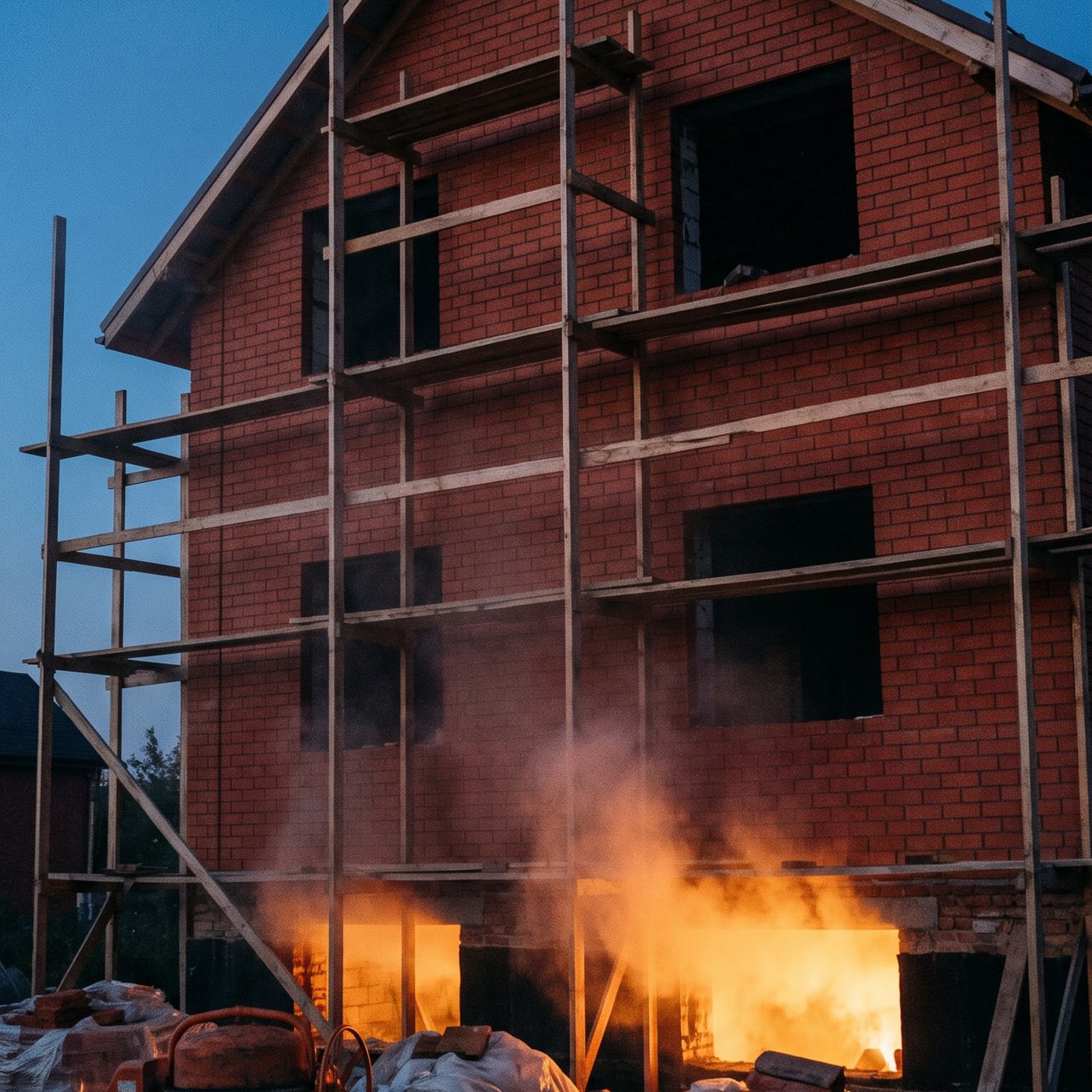 Rohbau, in dessen Keller ein Feuer brennt