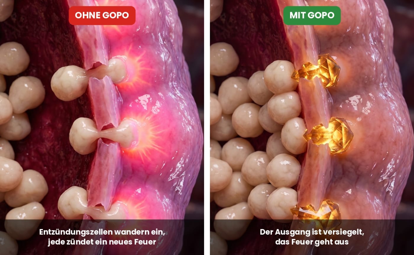 Ohne GOPO wandern Entzündungszellen ins Gewebe ein, mit GOPO ist der Ausgang versiegelt