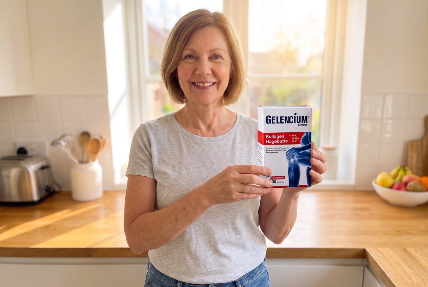 Sabine mit Gelencium Kollagen Hagebutte in der Küche