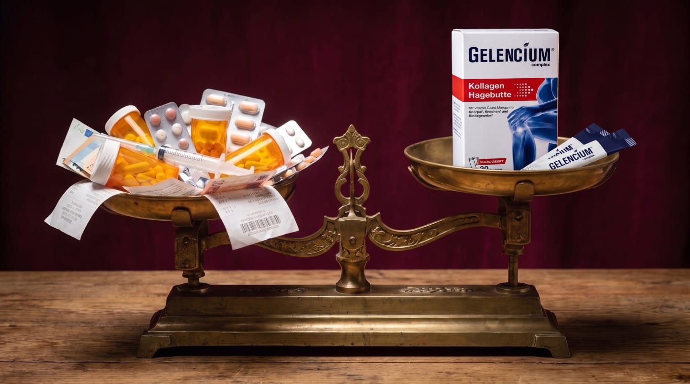 Waage: Tabletten, Spritzen und Geldscheine gegen Gelencium Kollagen Hagebutte