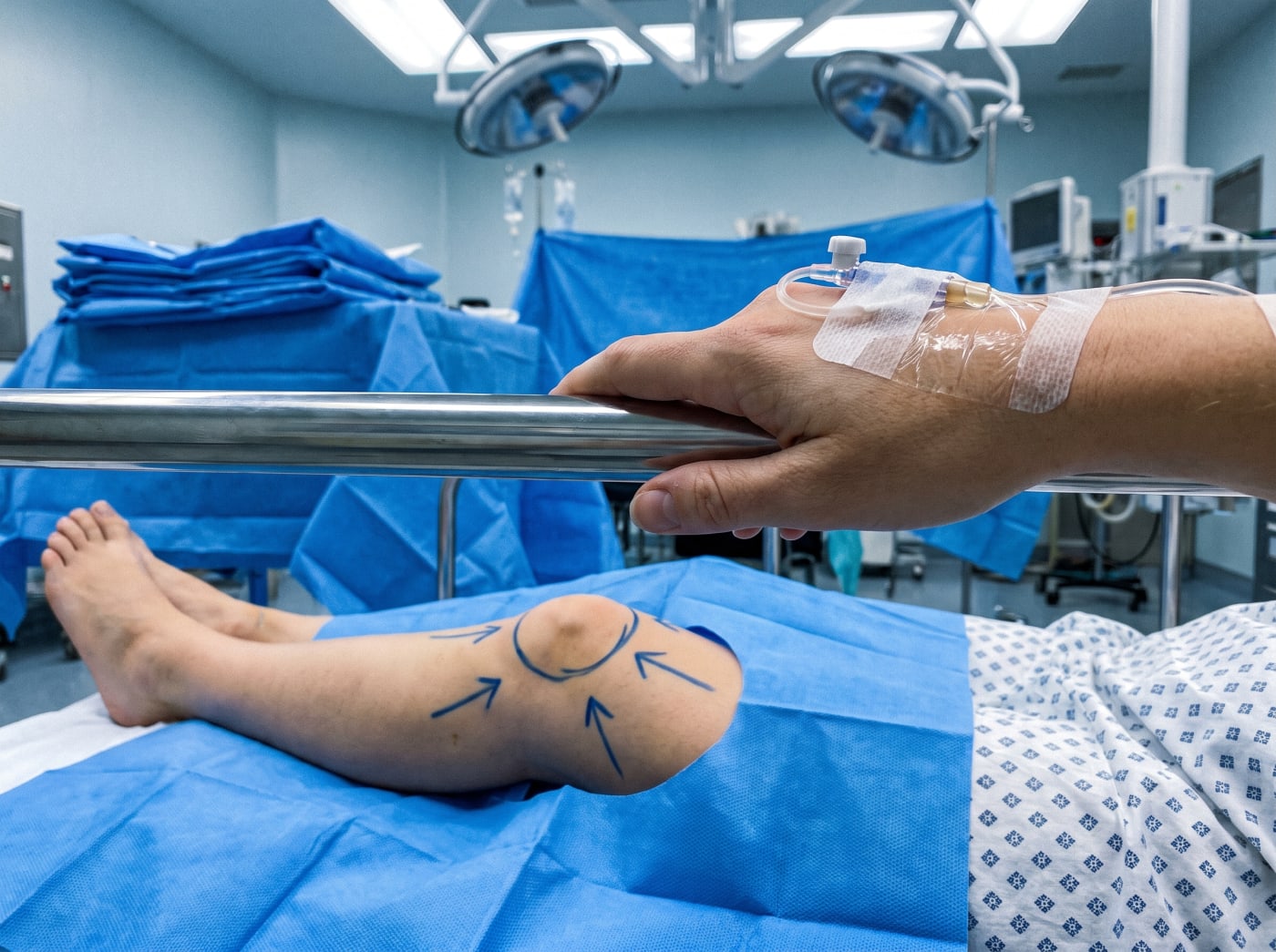 Knie mit OP-Markierungen im Krankenhausbett