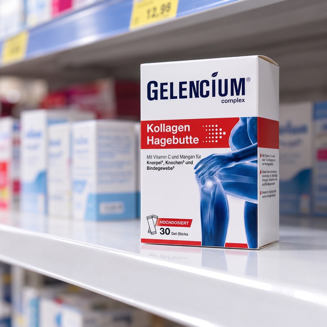 Gelencium Kollagen Hagebutte im Apothekenregal