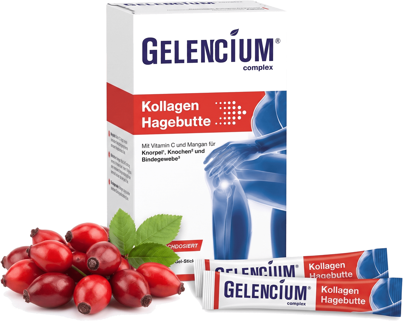 Gelencium Kollagen Hagebutte Packung mit Hagebutten und Gel-Sticks