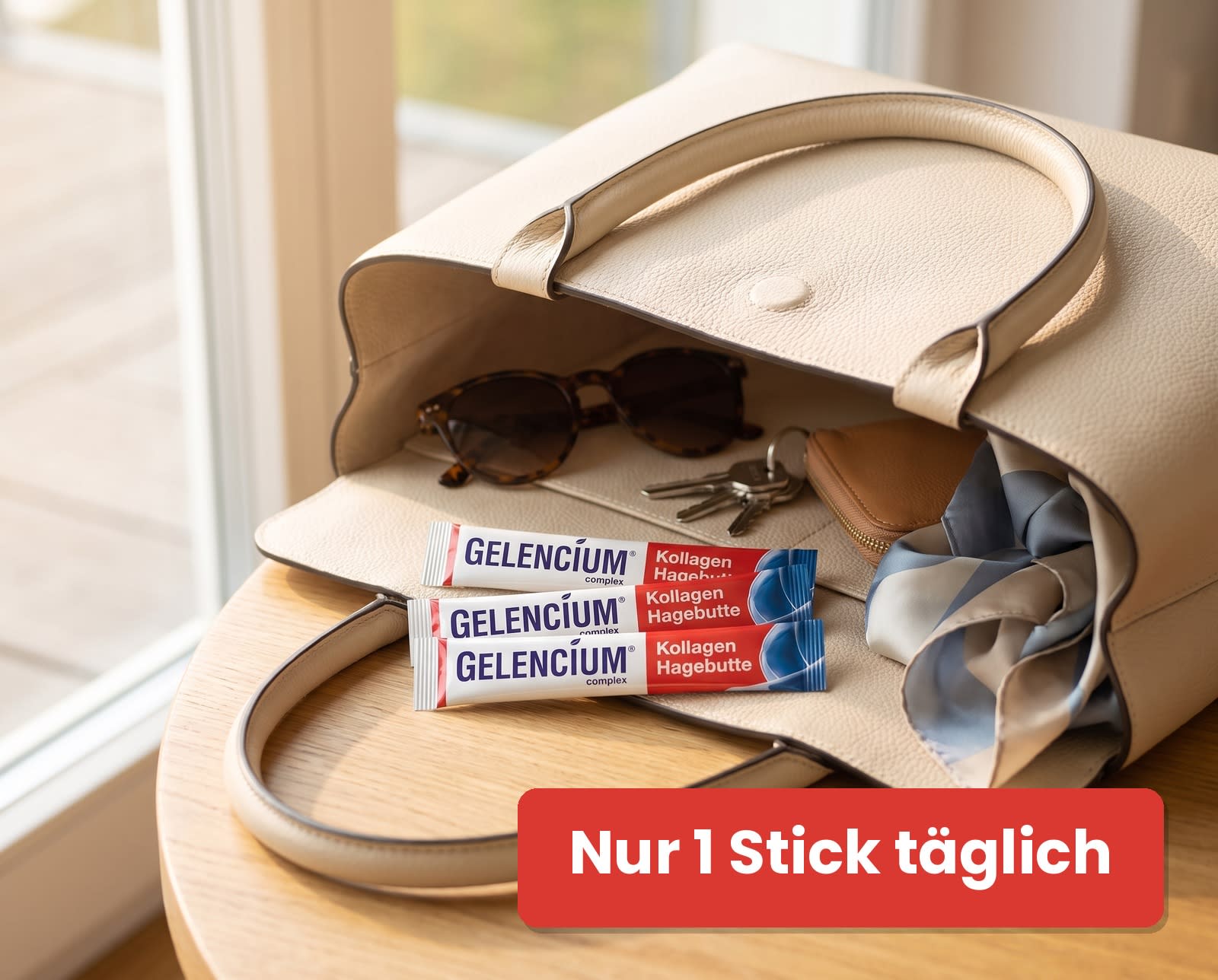 Drei Gelencium Kollagen Hagebutte Gel-Sticks in einer Handtasche