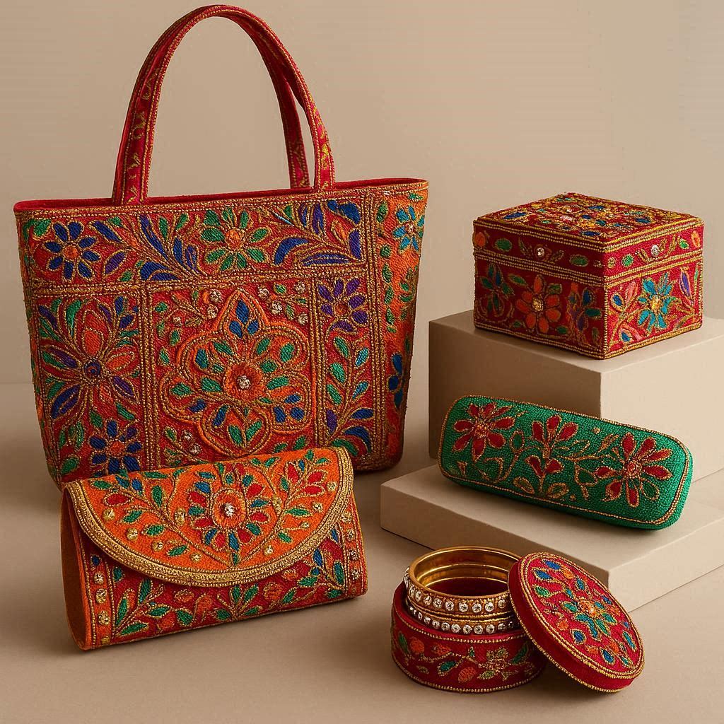 Handcrafted embroidered handbag with traditional Indian patterns in gold and brown colors