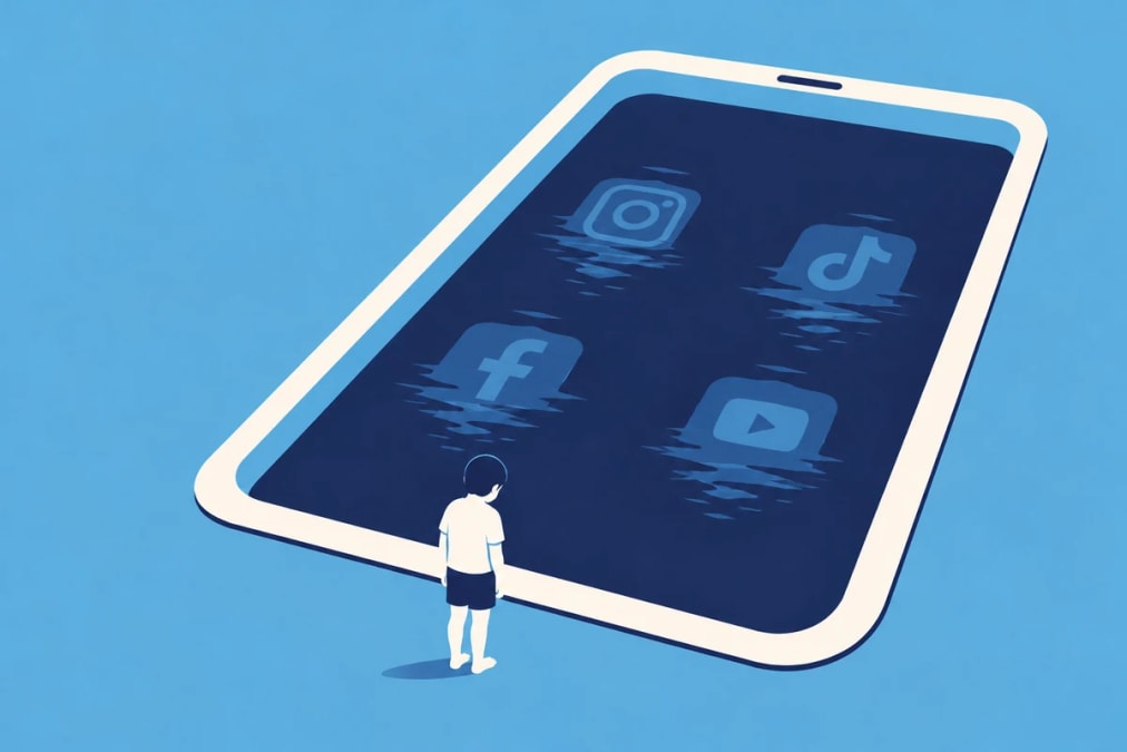 A child standing at the edge of a swimming pool shaped like a smartphone, with app icons under the water