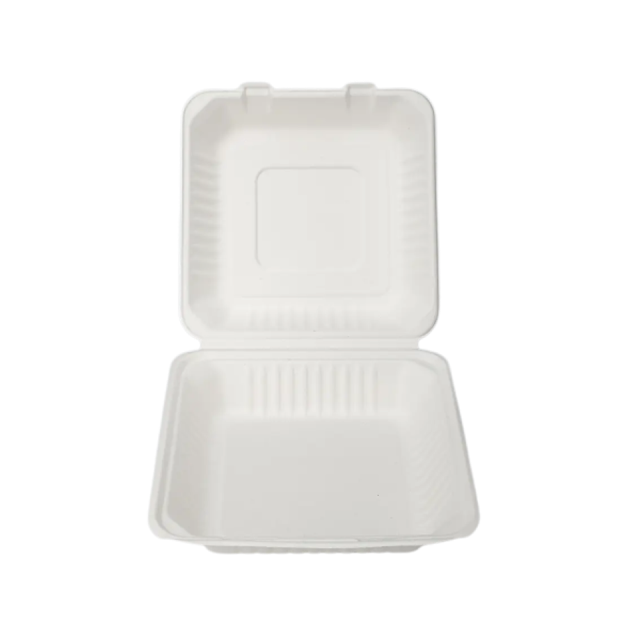 9"x9"x3" White Bagasse Clamshell Containers | Packachange