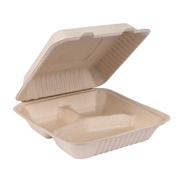 Bosnal - Sugarcane Bagasse Compostable 9 Inch 3-Compartment Clamshell - Case of 8 (200 Pcs) main image 0