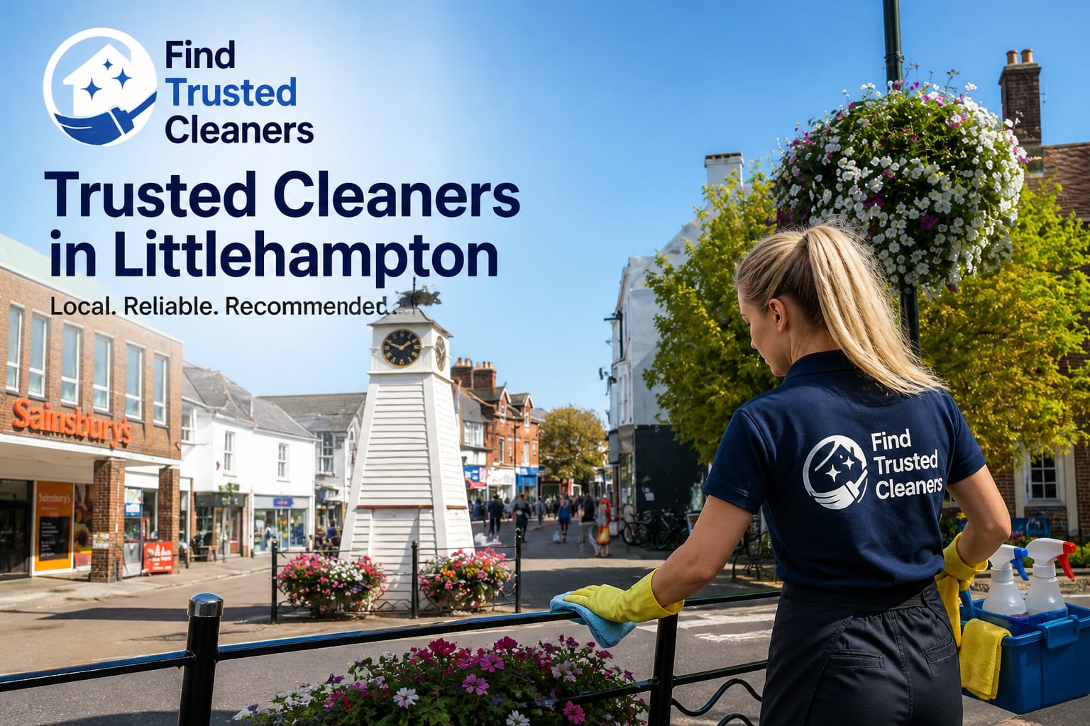 Domestic cleaner in a calm modern Littlehampton home cleaning a living room surface