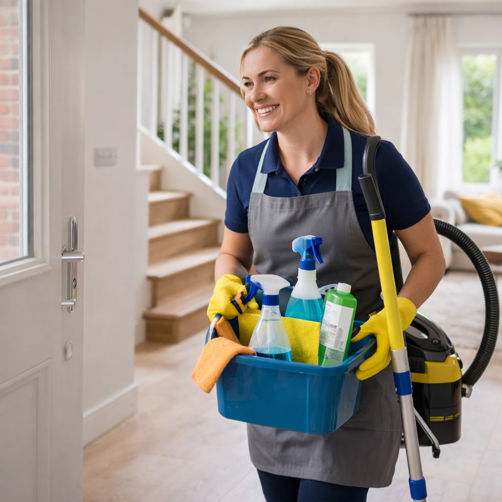 Professional domestic cleaner arriving at UK home with cleaning equipment
