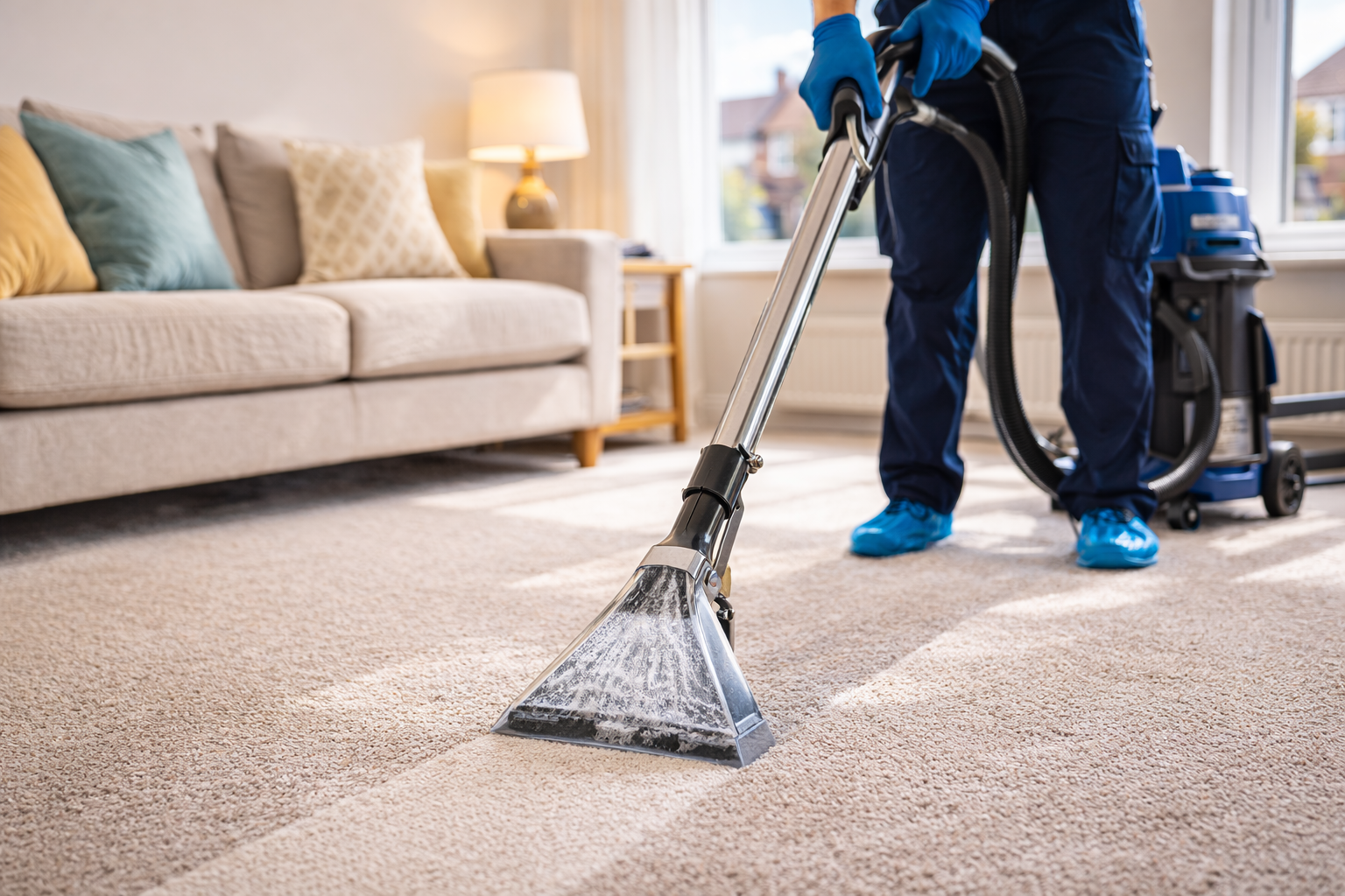 Professional carpet cleaner restoring carpets inside a modern Worthing living room