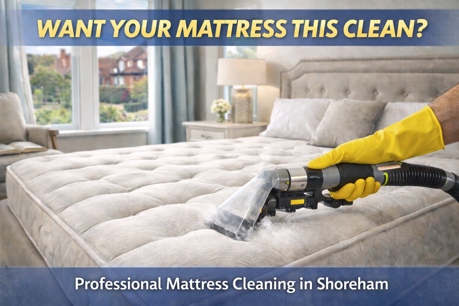 Professional mattress cleaning inside a calm Shoreham bedroom with fresh bedding and natural light