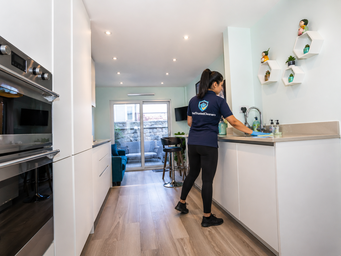 Professional home cleaner working inside a calm modern Worthing kitchen