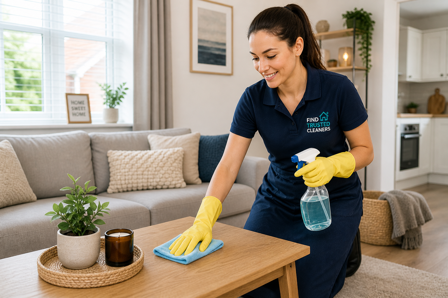 Reliable domestic cleaner in a calm modern Littlehampton home cleaning a living room