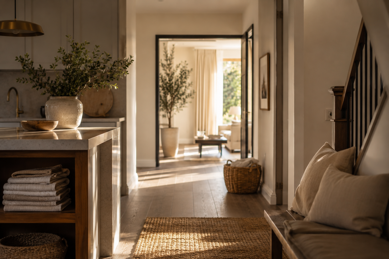 Calm modern West Sussex home hallway with warm natural light and premium interiors