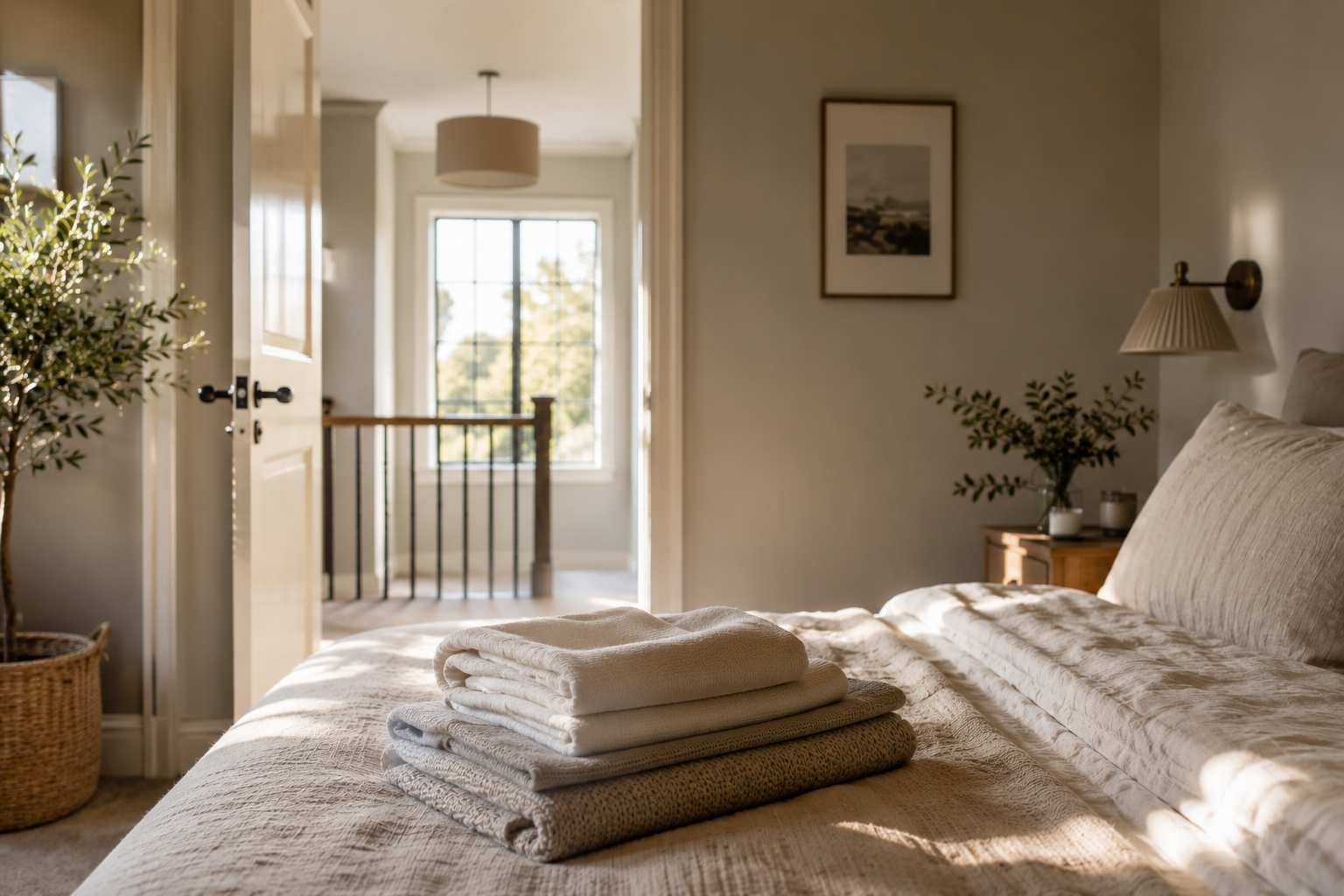 Folded linen and calm bedroom interior in a modern home