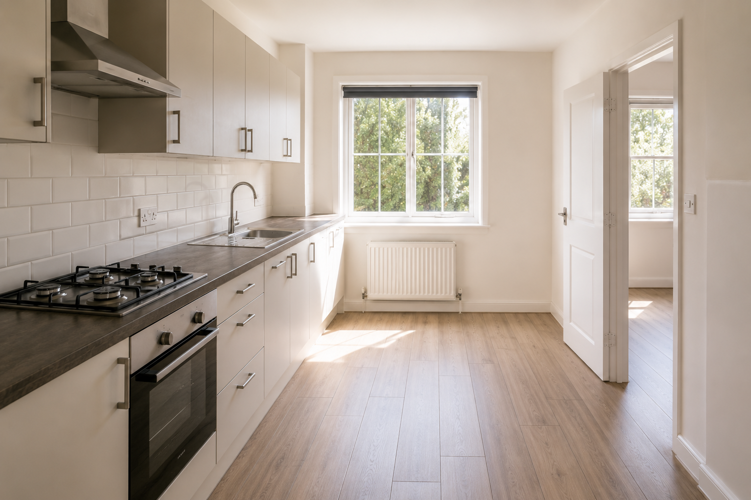 Minimal modern rental kitchen prepared for inspection in West Sussex