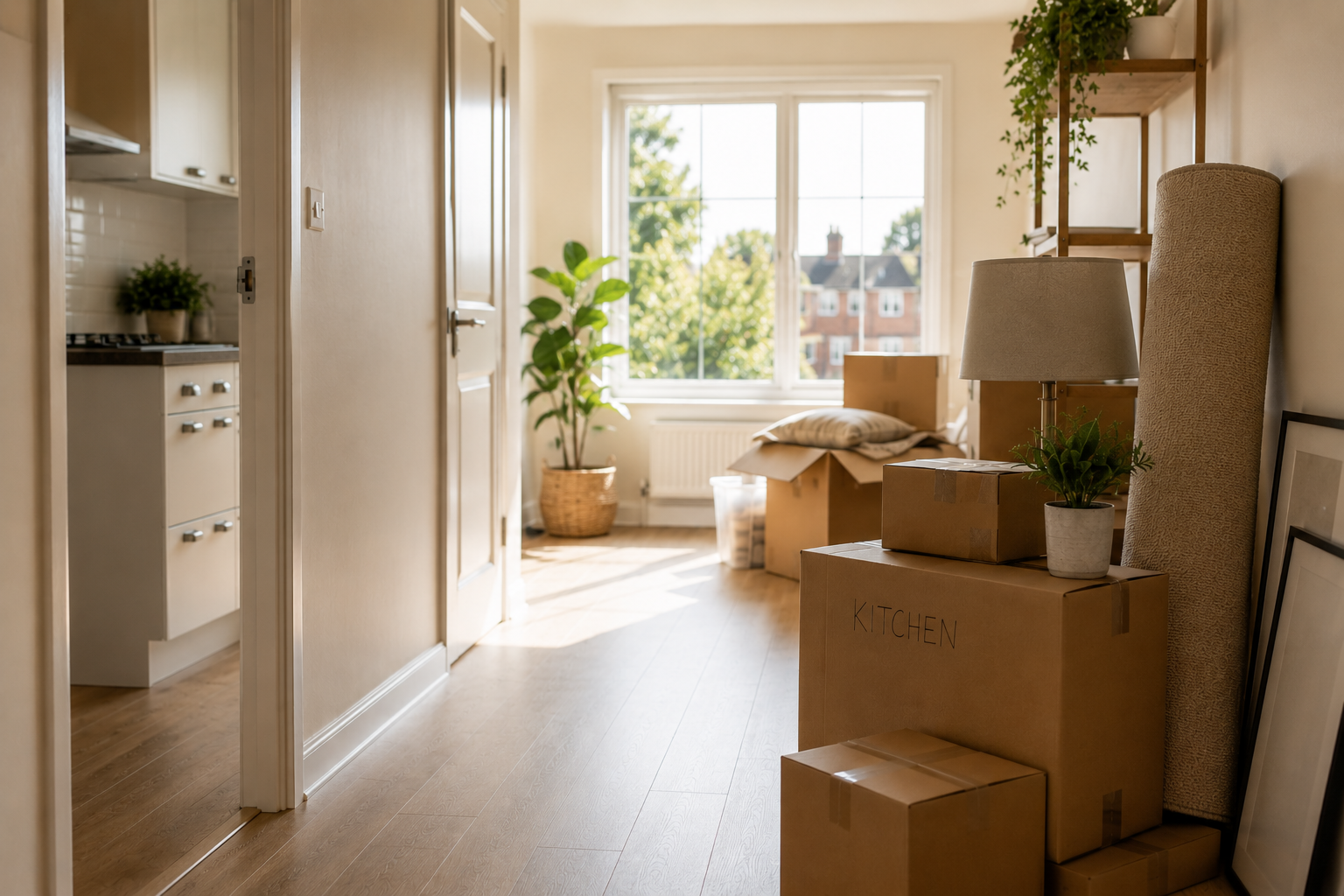 Modern West Sussex hallway with moving boxes during tenancy move out