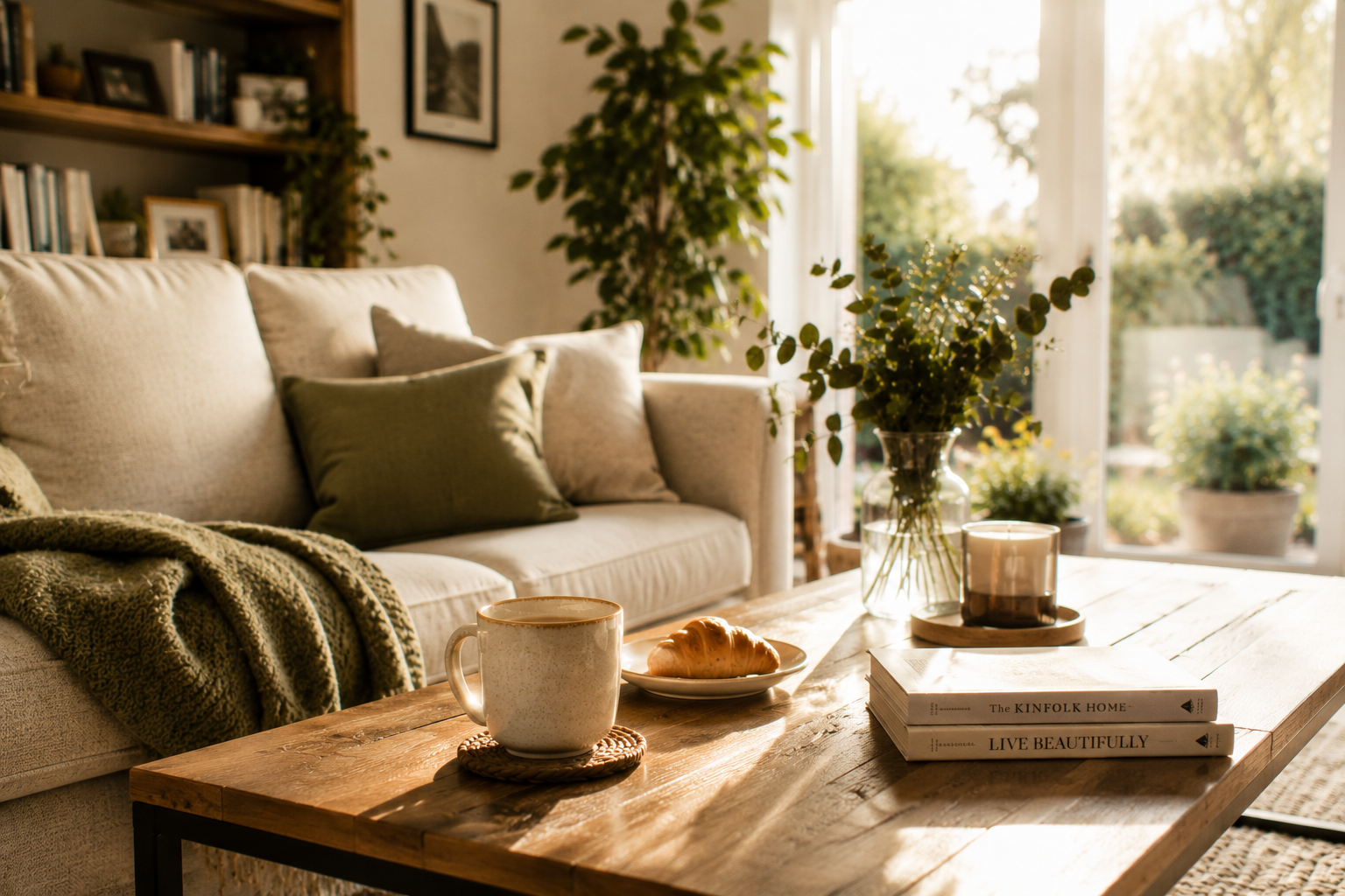 Warm relaxed living room with coffee and peaceful weekend atmosphere after getting household time back