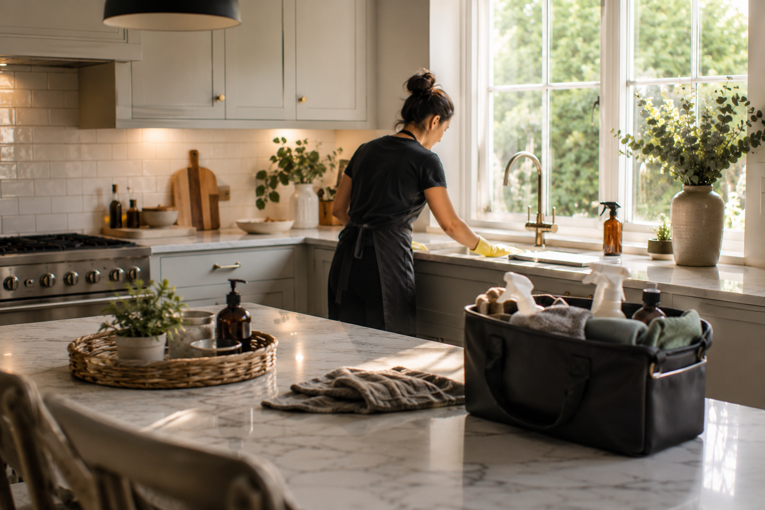 Modern Crawley home with cleaner arriving at a house during early evening