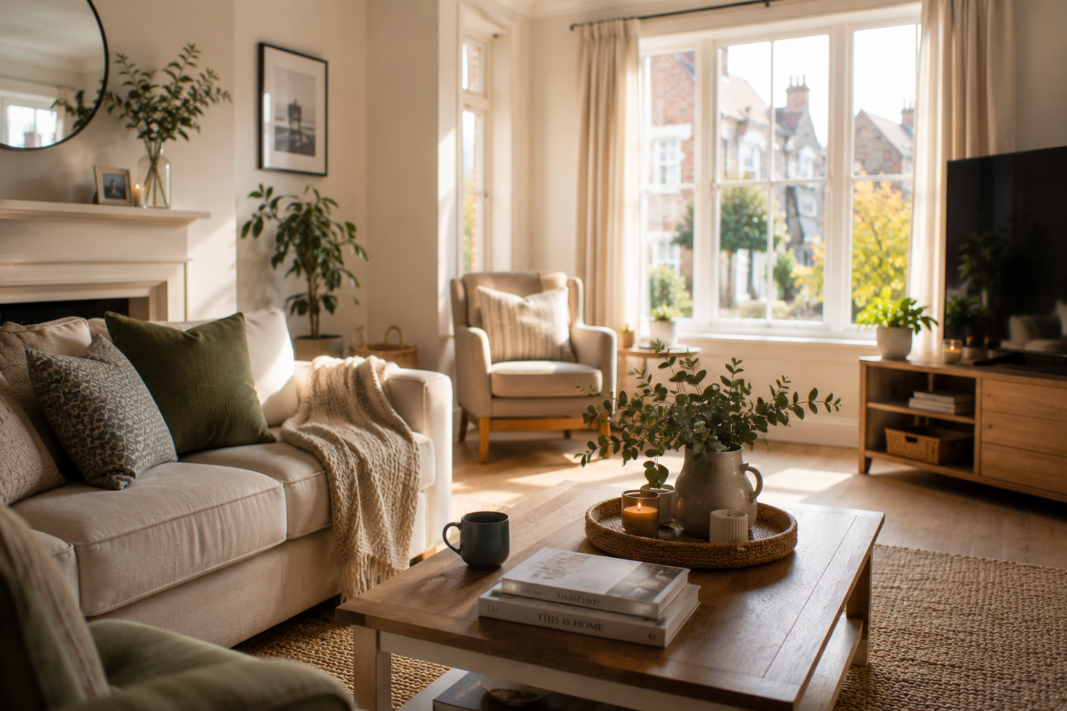 Bright modern Chichester family home after a professional clean with calm morning light and tidy living space