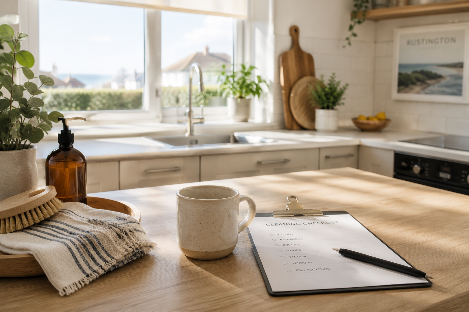 Cleaner preparing a coastal home in Rustington during a domestic cleaning visit