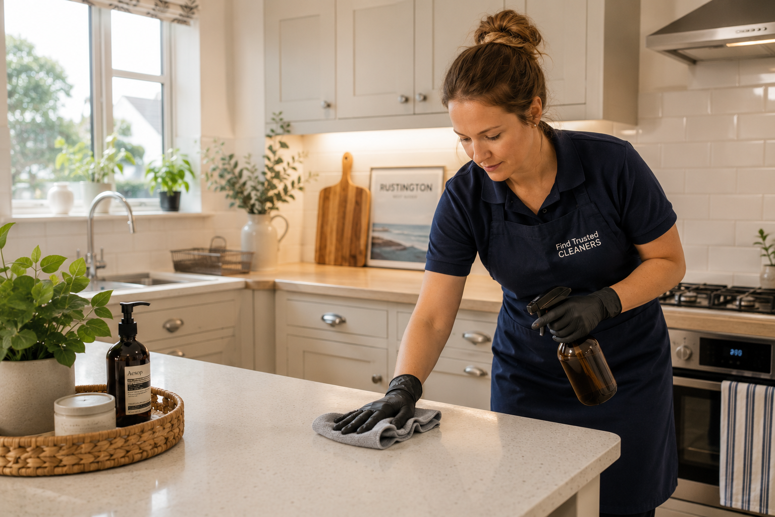 Professional cleaner deep cleaning a family kitchen in Rustington
