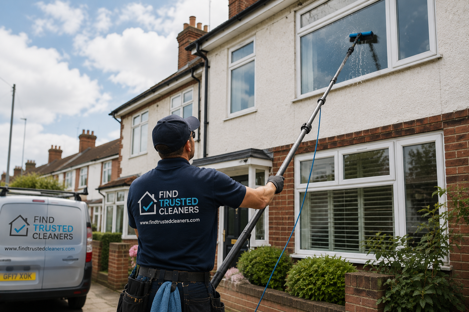 Professional window cleaner cleaning exterior house windows in West Sussex