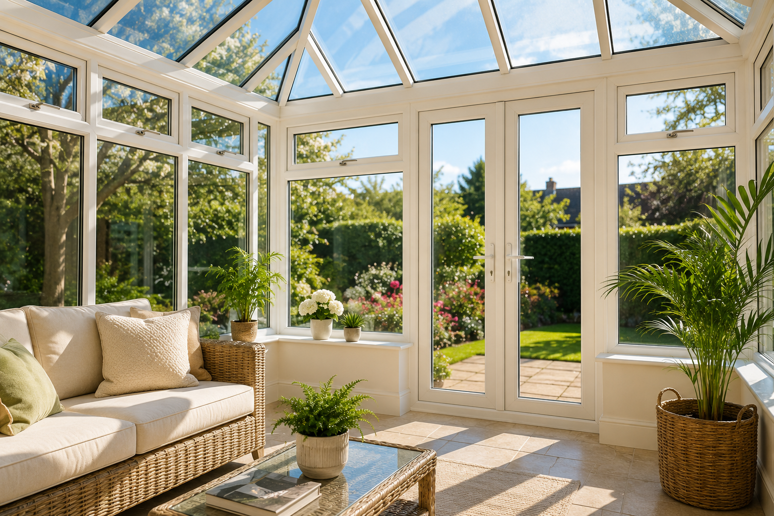 Window cleaner cleaning a conservatory roof in West Sussex