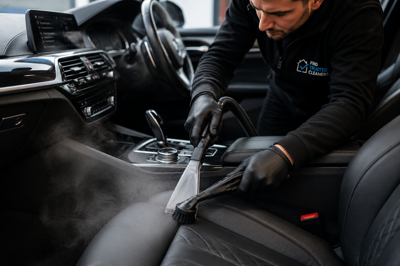 Professional car detailer valeting a black SUV on a UK driveway at golden hour